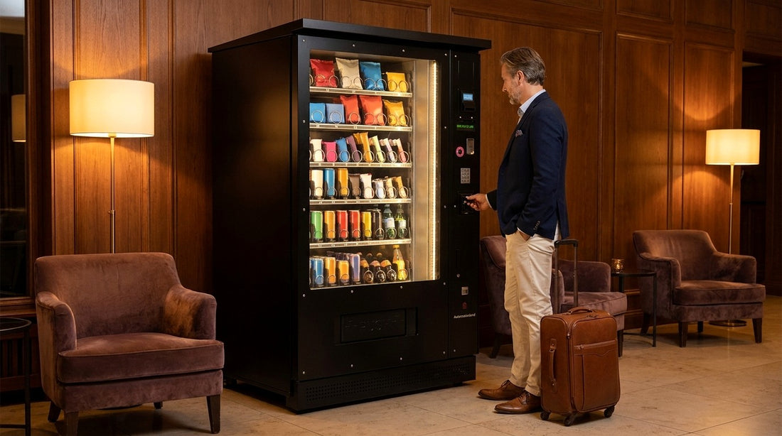 Hotelgast kauft am Automaten im Foyer