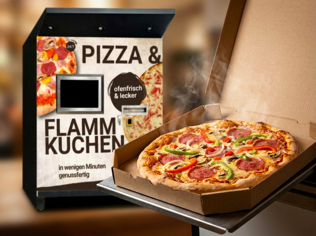 Frische ofenfrische Pizza aus dem Automaten im Karton