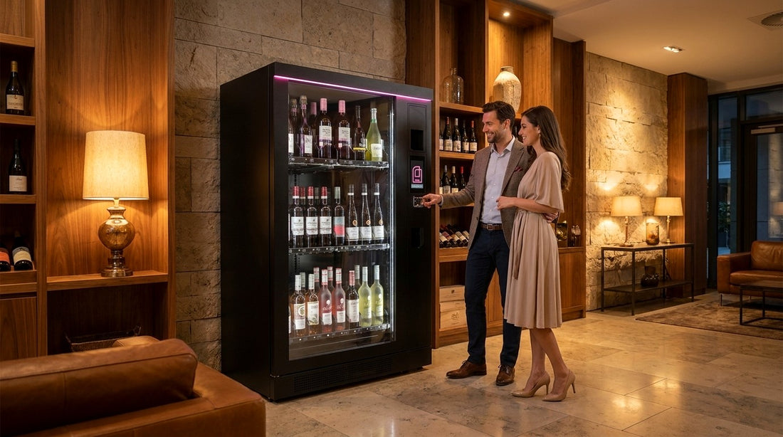Weinautomat in Wohnanlage, Paar waehlt Wein