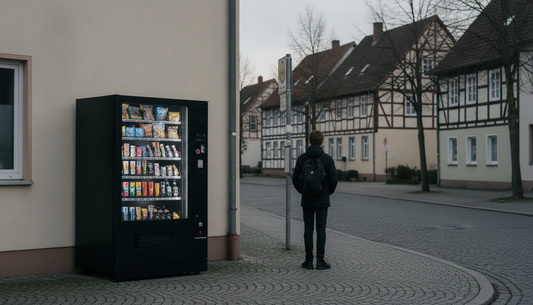 Illustration: Snackautomat an einer Dorfstraße mit Bushaltestelle