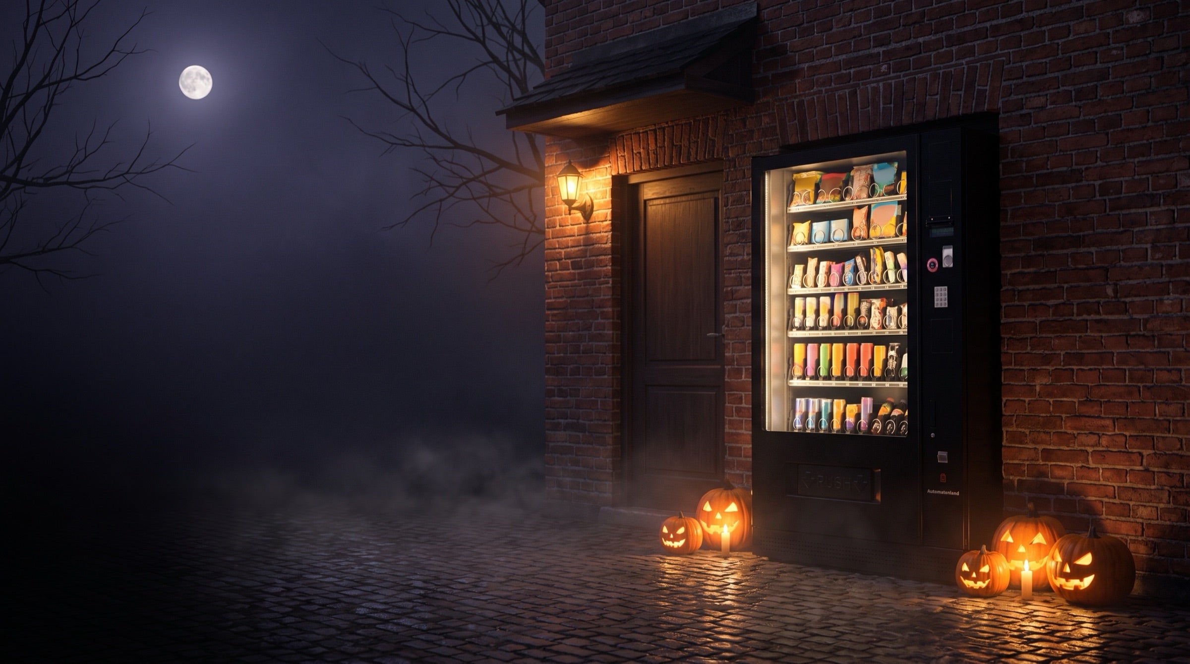 G-Snack Automat in einer Backsteinnische bei Nacht, davor leuchtende Halloween-Kürbisse