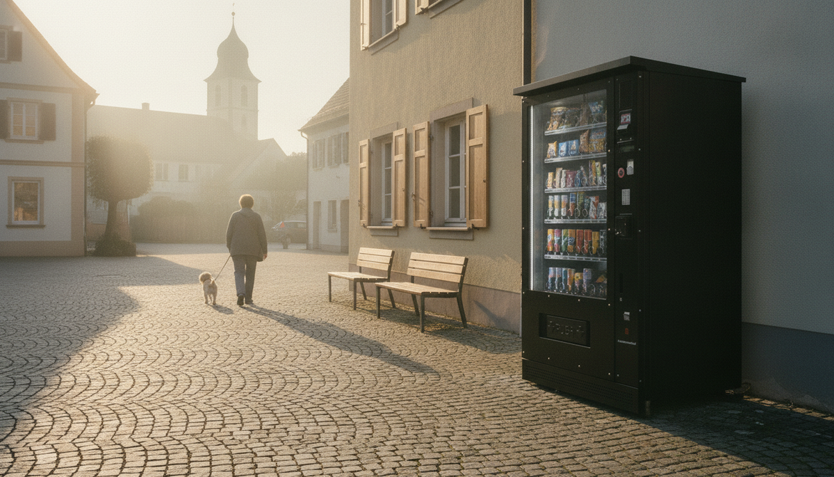 Outdoor-Automat am Dorfplatz am Sonntagmorgen