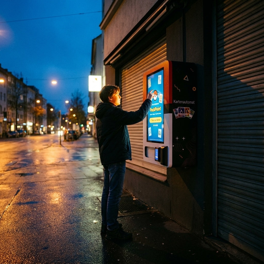 Jugendlicher kauft abends am beleuchteten PackPoint vor geschlossenem Laden