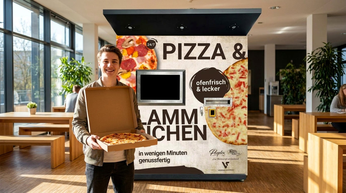 Pizza-Automat in einer Food-Corner, Kunde mit frischer Pizza