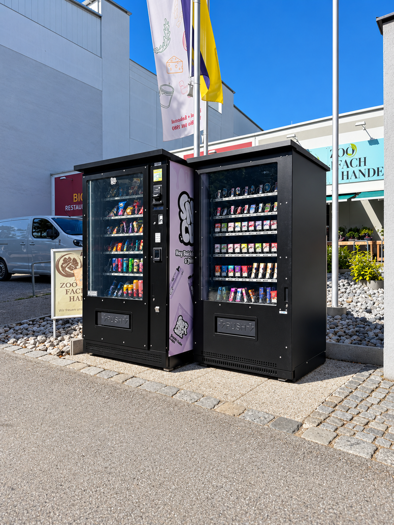 Zwei Automaten im Außenbereich vor einem Geschäft