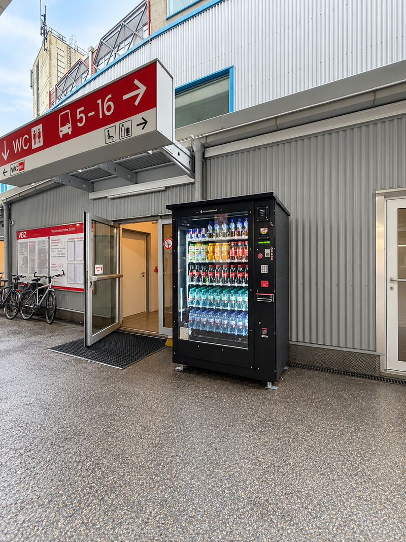 Getränkeautomat neben einem Eingang an einem Verkehrsknoten