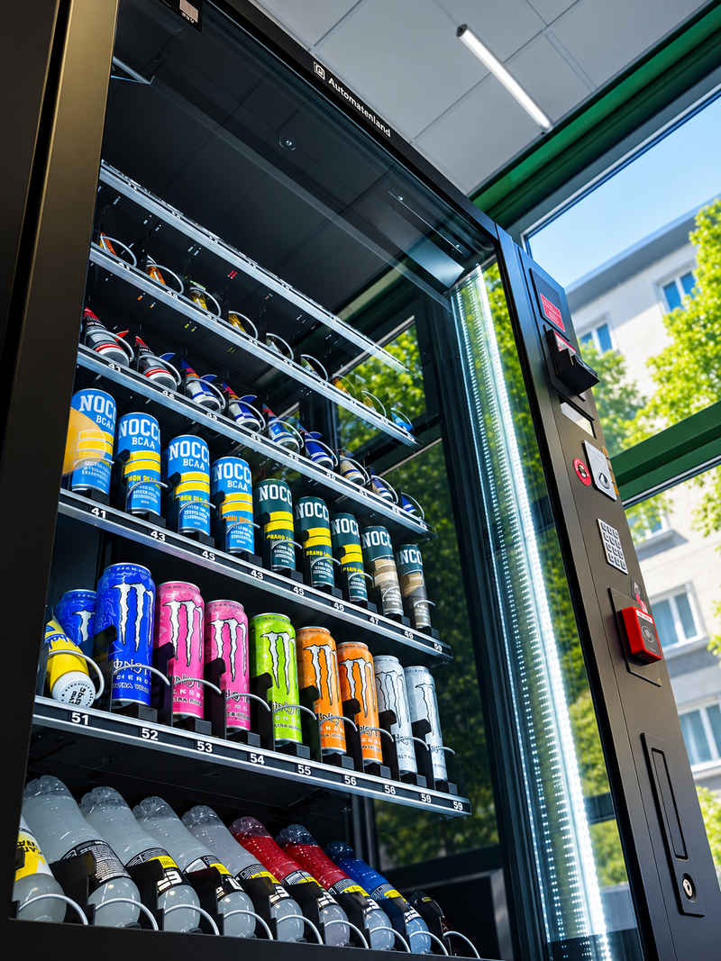 Gekühlte Getränkedosen hinter der Glasfront