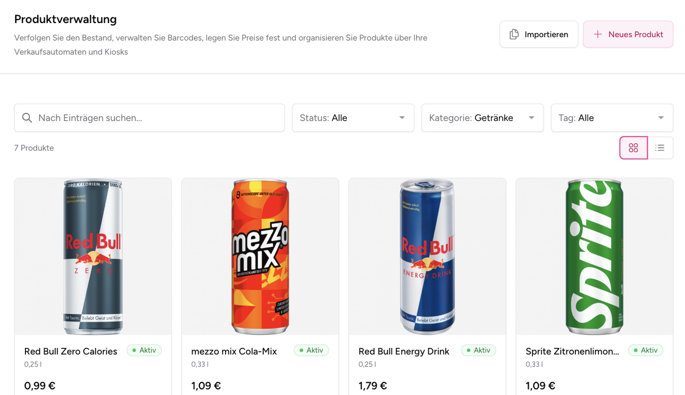 CleverCart-Produktverwaltung mit Getränken, Preisen und Status