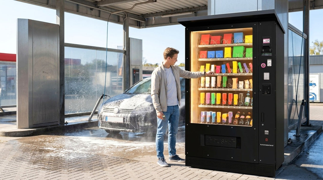 Kunde kauft am Automaten waehrend der Autowaesche